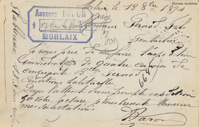 NRA-L-000342 image 2 showing the handwritten message from Auguste Baron to Pernod Fils, with contemporary annotations and the sender's signature or business mark.