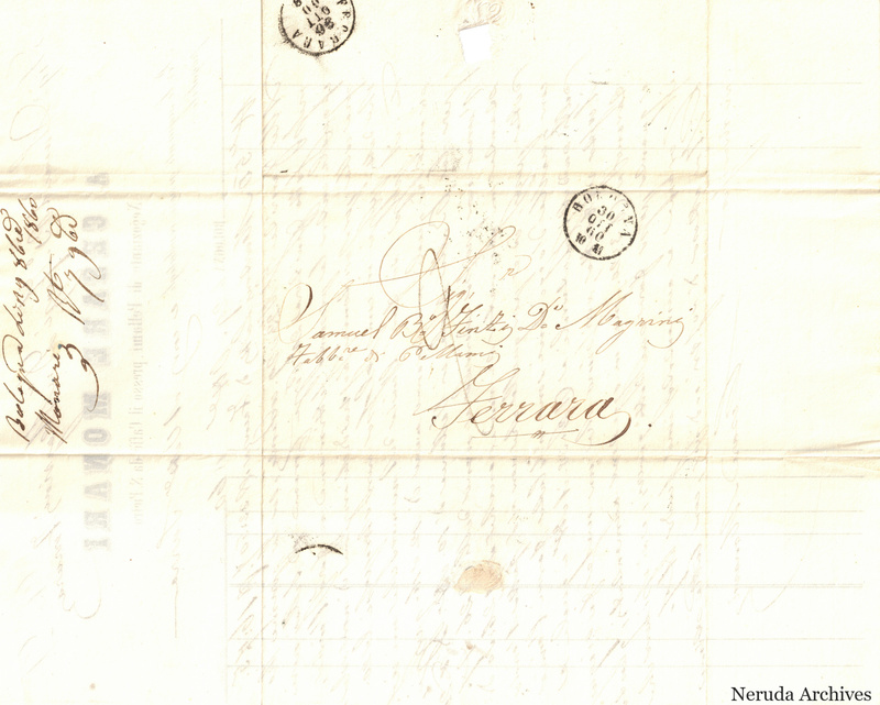 NRA-L-000744 image 1 showing the folded delivery address to Samuel B.o Finzi D.o Magrini in Ferrara, with postal marks and a handwritten filing docket.