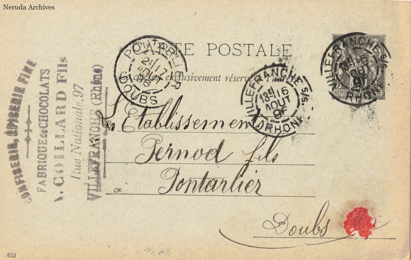 NRA-L-000275 image 1 showing the address side of a postcard sent by V. Coillard Fils to Établissements Pernod Fils, with contemporary postal and business marks.