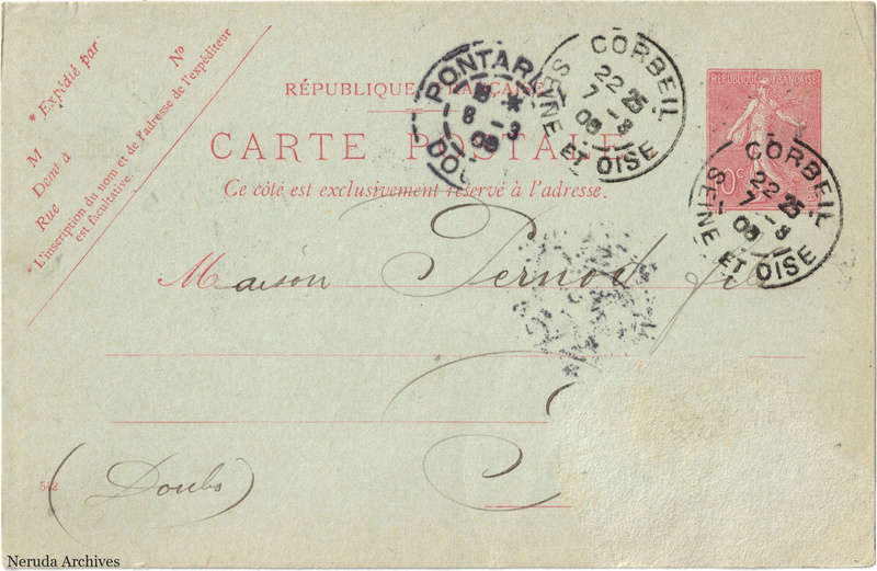 NRA-L-000213 image 1 showing the address side of a postcard sent by Henri Potin, Maison Dollois to Pernod Fils, with contemporary postal and business marks.