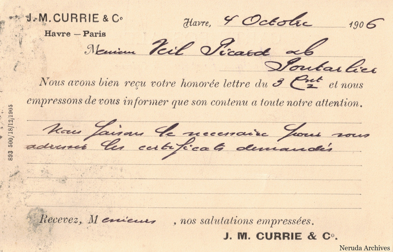NRA-L-000221 image 2 showing the handwritten message from J. M. Currie & Co. to Veil-Picard & Cie, with contemporary annotations and the sender's signature or business mark.