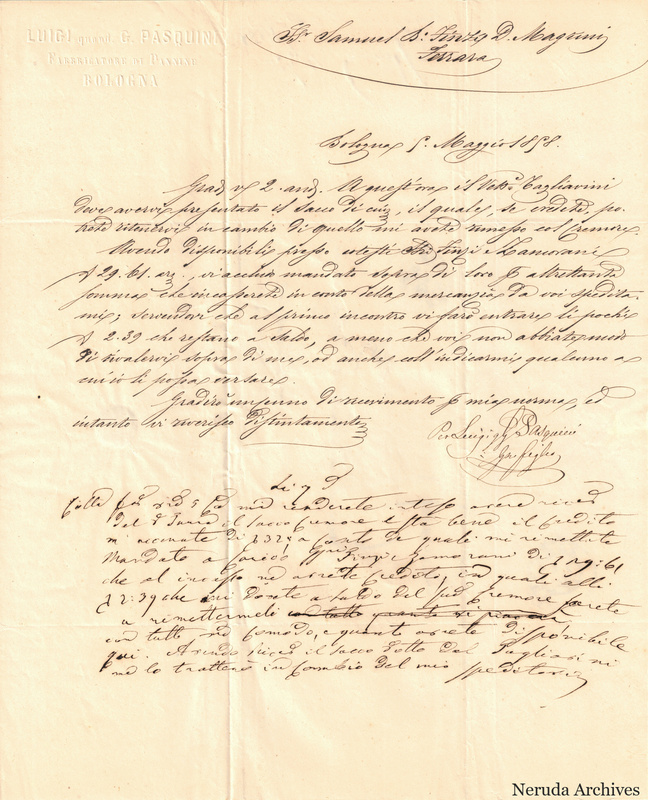 NRA-L-000766 image 2 showing Luigi quond. G. Pasquini's letter dated 1858-05-05 from Bologna, with signature and a separate draft reply beneath it.