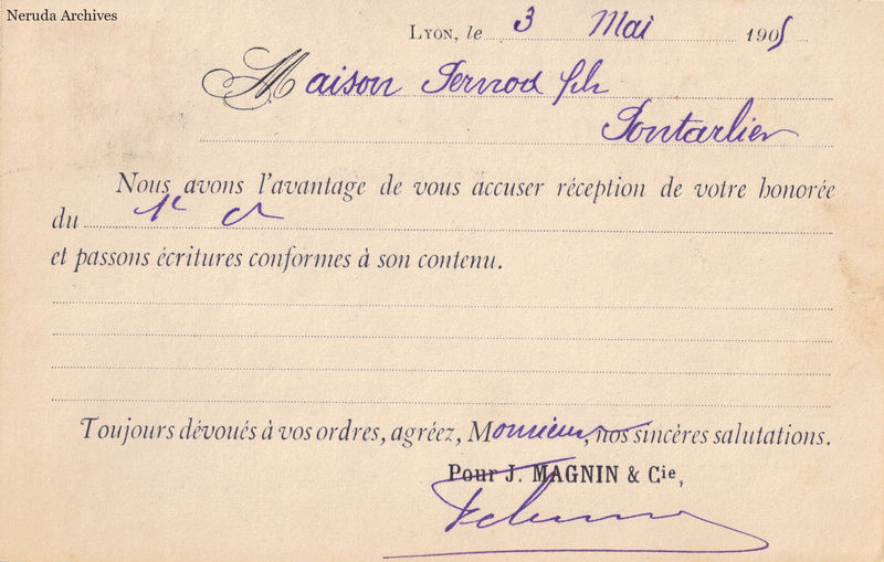 NRA-L-000223 image 2 showing the handwritten message from J. Magnin & Cie to Pernod Fils, with contemporary annotations and the sender's signature or business mark.