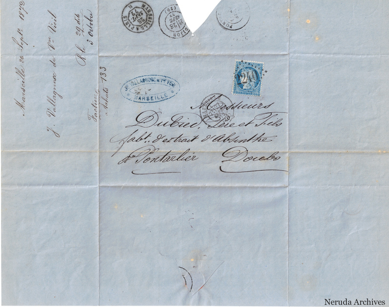 NRA-L-000135 image 1 showing a folded blue-paper address panel to Dubied père et fils, absinthe makers in Pontarlier, with a postage stamp, multiple postal marks, business handstamp, docketing, folds, seal evidence and an upper-edge loss.