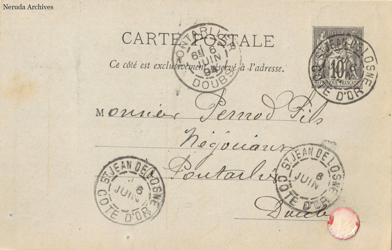 NRA-L-000337 image 1 showing the address side of a postcard sent by Vauthey to Pernod Fils, with contemporary postal and business marks.