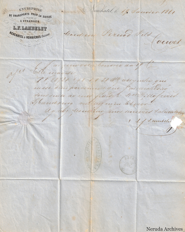 NRA-L-000114 image 2 showing the Lambelet letterhead, handwritten letter dated at Neuchatel, signature, postal impressions, folds and a paper loss at the right edge.