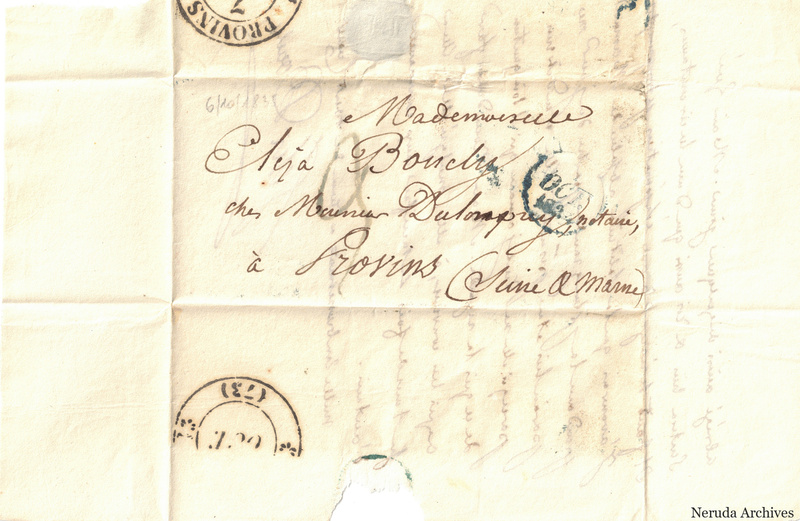 NRA-L-000079 image 1 showing an unfolded address panel to Provins with circular postal marks and paper loss.