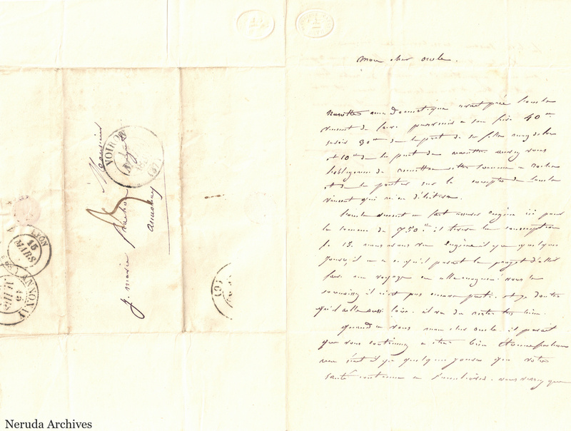 NRA-L-000486 image 1 showing an unfolded sheet with French letter text on the right and an address panel to a Frachon correspondent in Annonay on the left, with circular postal marks and folds.
