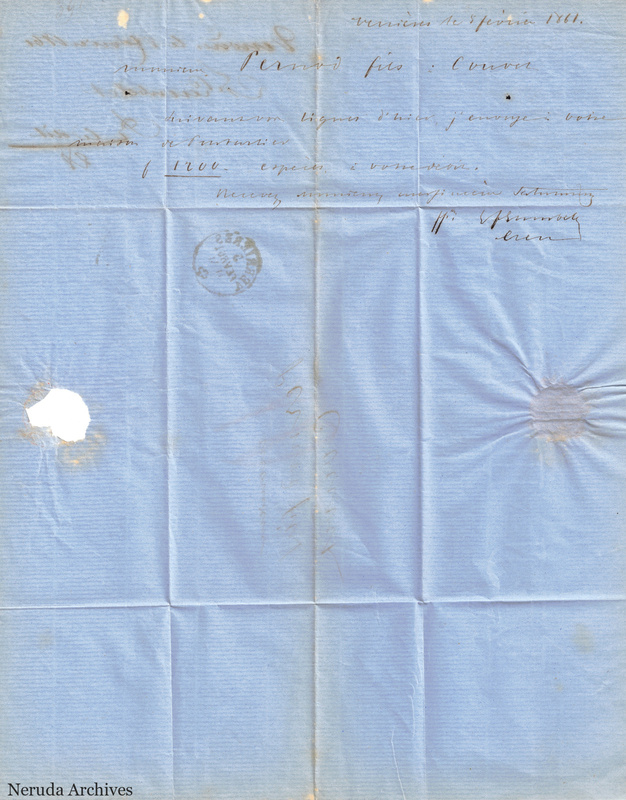 NRA-L-000113 image 2 showing the handwritten letter on blue paper with a dated heading, signature, folds, a postmark impression and seal evidence.