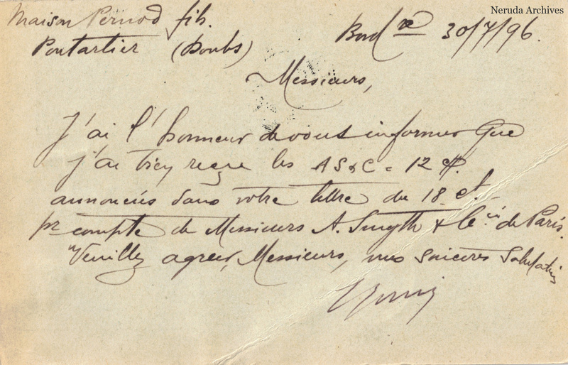 NRA-L-000345 image 2 showing the handwritten message from E. Jurie, General Steam Navigation Co. to Pernod Fils, with contemporary annotations and the sender's signature or business mark.