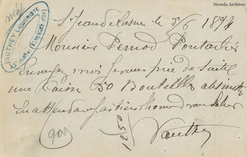 NRA-L-000337 image 2 showing the handwritten message from Vauthey to Pernod Fils, with contemporary annotations and the sender's signature or business mark.