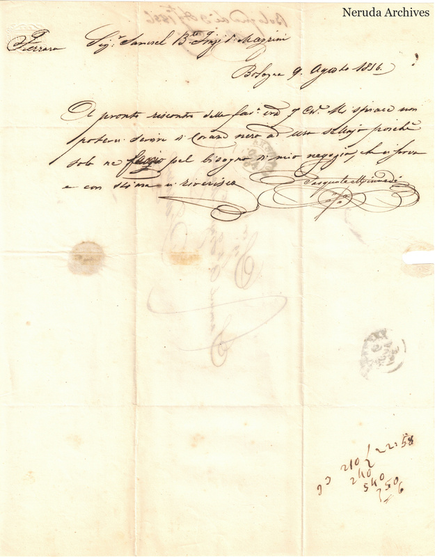 NRA-L-000753 image 2 showing Pasquale Minardi’s handwritten business letter, dated 1856-08-09, with signature and separate lower-right calculations.