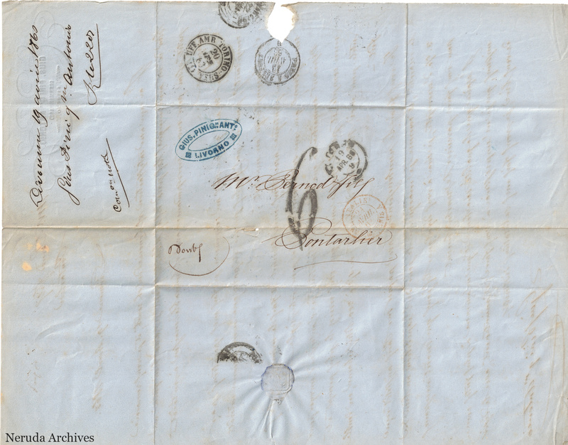NRA-L-000106 image 1 showing the folded address panel to Pernod fils in Pontarlier with circular postal marks, manuscript routing notes, a seal remnant and a central paper loss.