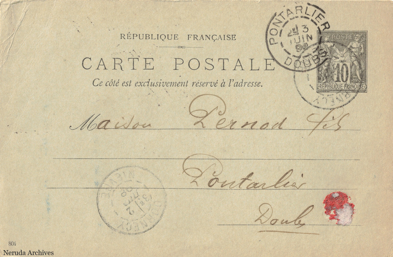 NRA-L-000266 image 1 showing the address side of a postcard sent by Fuchet Fils Aîné to Pernod Fils, with contemporary postal and business marks.