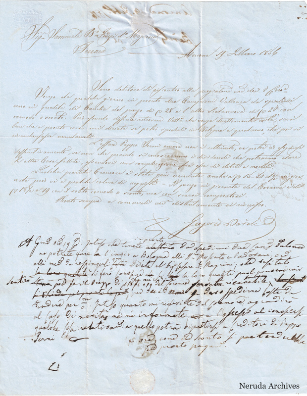 NRA-L-000694 image 2 showing the incoming letter and recipient reply draft of Gregorio Barili's letter dated 19 February 1856.