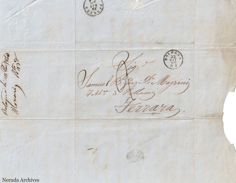 NRA-L-000747 image 1 showing the address to Samuel B.o Finzi D.o Magrini in Ferrara, postal marks and the separate filing note.