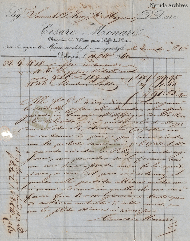 NRA-L-000761 image 2 showing Cesare Monari's letter and invoice from Bologna dated 1862-10-12, with signature and invoice figures.