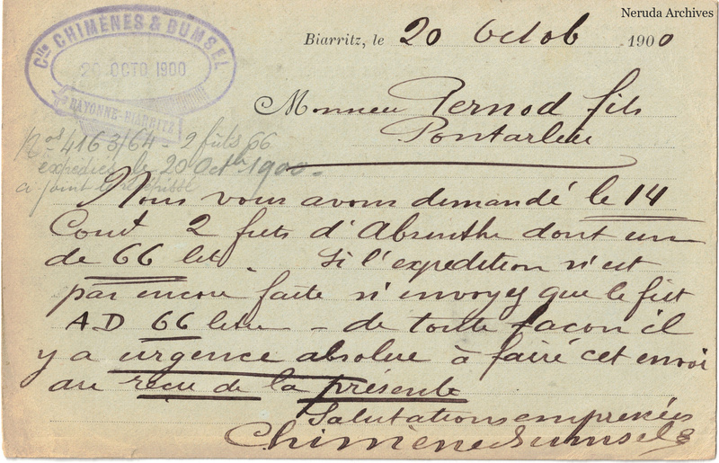 NRA-L-000299 image 2 showing the handwritten message from Chimènes & Bumsel to Pernod Fils, with contemporary annotations and the sender's signature or business mark.