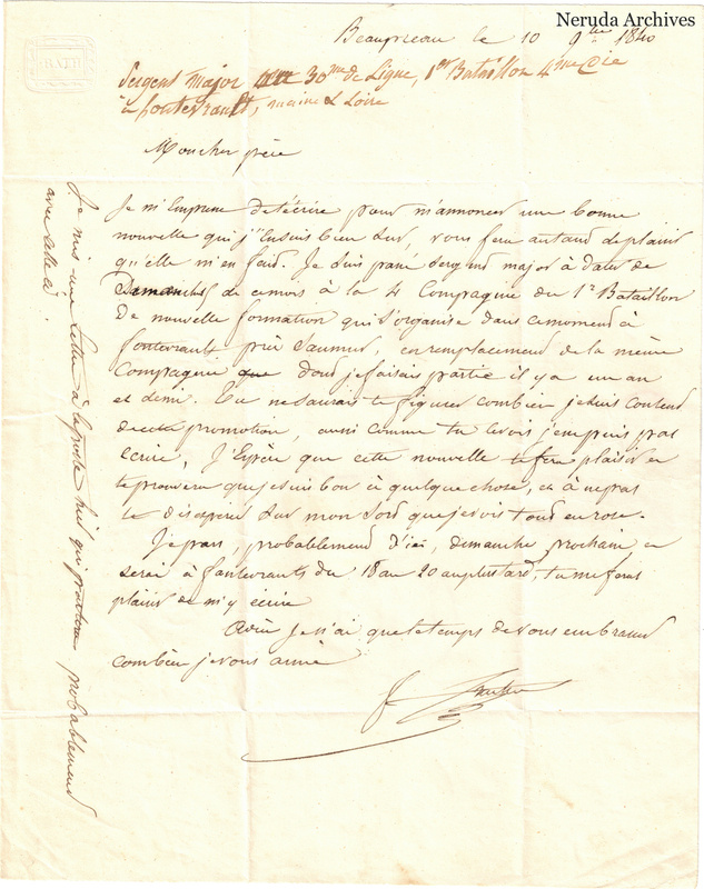 NRA-L-000599 image 2 showing a handwritten French letter continuation with closing, retained marginal or later annotations, visible folds and complete physical paper edges.