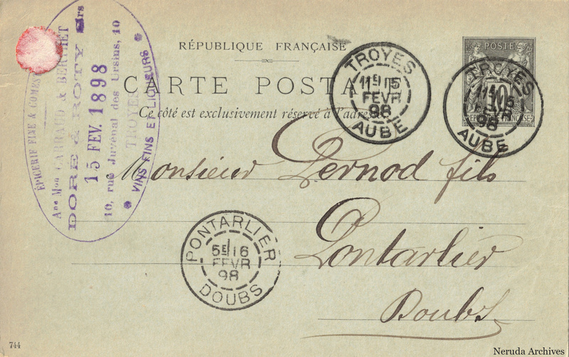 NRA-L-000339 image 1 showing the address side of a postcard sent by Doré & Roty to Pernod Fils, with contemporary postal and business marks.