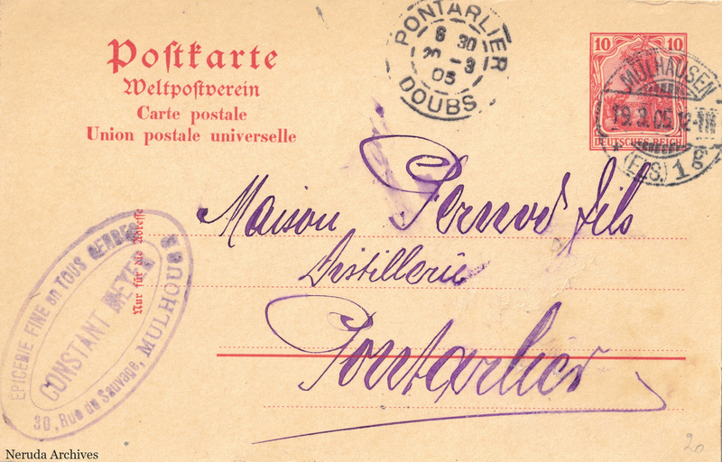 NRA-L-000167 image 1 showing a German postcard addressed to Monsieur Pernod fils, distillers in Pontarlier, with a postage stamp, several postmarks and a Mulhouse sender cachet.