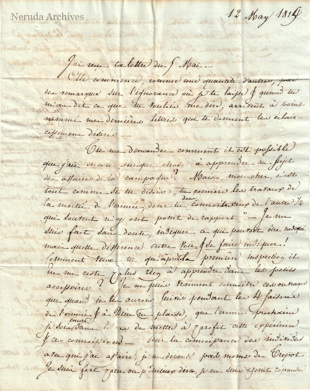 NRA-L-000032 image 2 showing page 1 of Agath's French letter, dated 12 May 1814.
