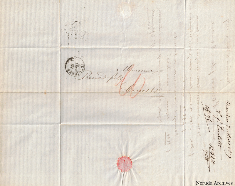 NRA-L-000111 image 1 showing the folded address panel to Pernod fils in Couvet with a circular postal mark, red rate notation, dated manuscript docketing and a wax-seal remnant.