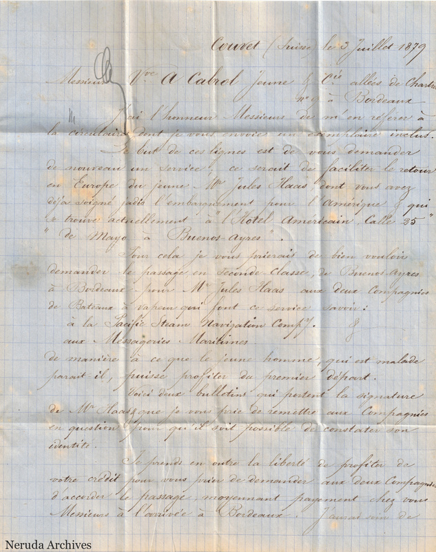NRA-L-000157 image 2 showing the opening page of a French commercial letter dated at Couvet, Switzerland, on 6 July 1879, concerning travel to Buenos Aires, with closely written cursive text and fold lines.