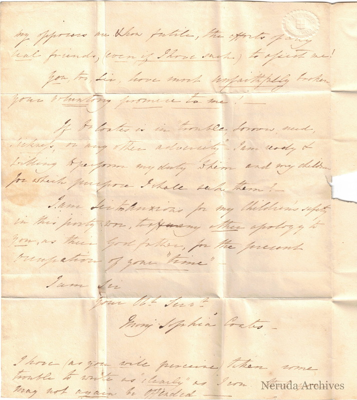 NRA-L-000014 image 3 showing the second page, closing, signature and postscript of Mary Sophia Coates's letter from Newport, dated 19 April 1826.