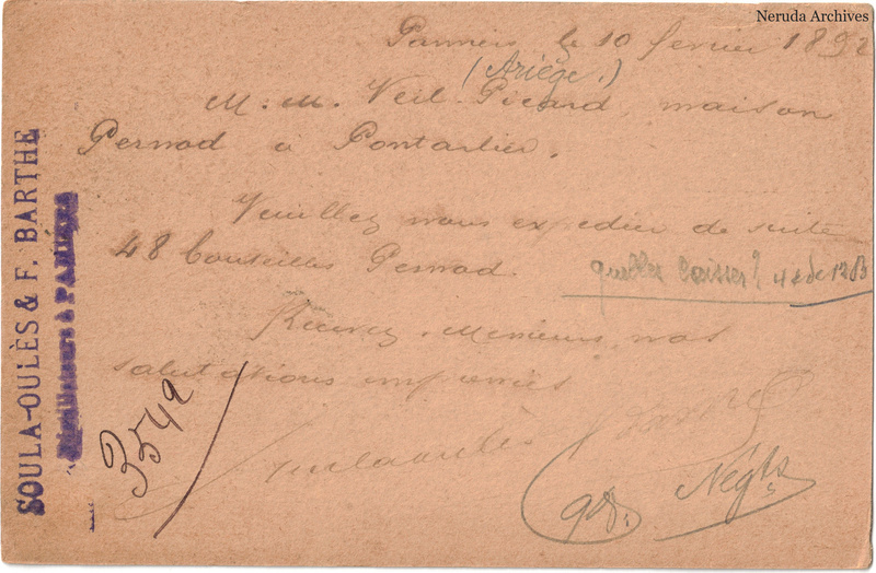 NRA-L-000245 image 2 showing the handwritten message from Soula-Oulès & F. Barthe to Veil-Picard & Cie, with contemporary annotations and the sender's signature or business mark.