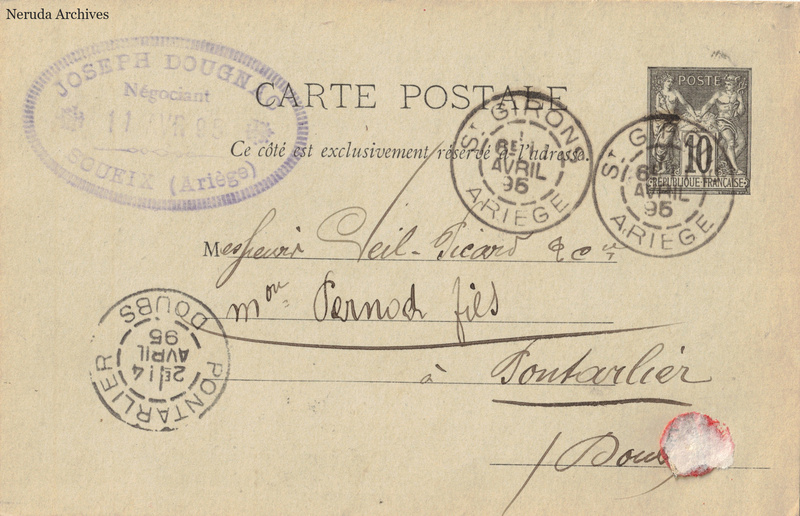 NRA-L-000226 image 1 showing the address side of a postcard sent by Joseph Dougnac to Veil-Picard & Cie, with contemporary postal and business marks.