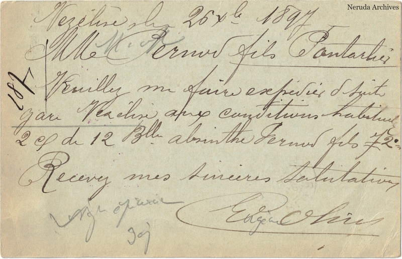 NRA-L-000173 image 2 showing the handwritten postcard message sent from Vézelise, with absinthe-trade correspondence and the sender's signature.