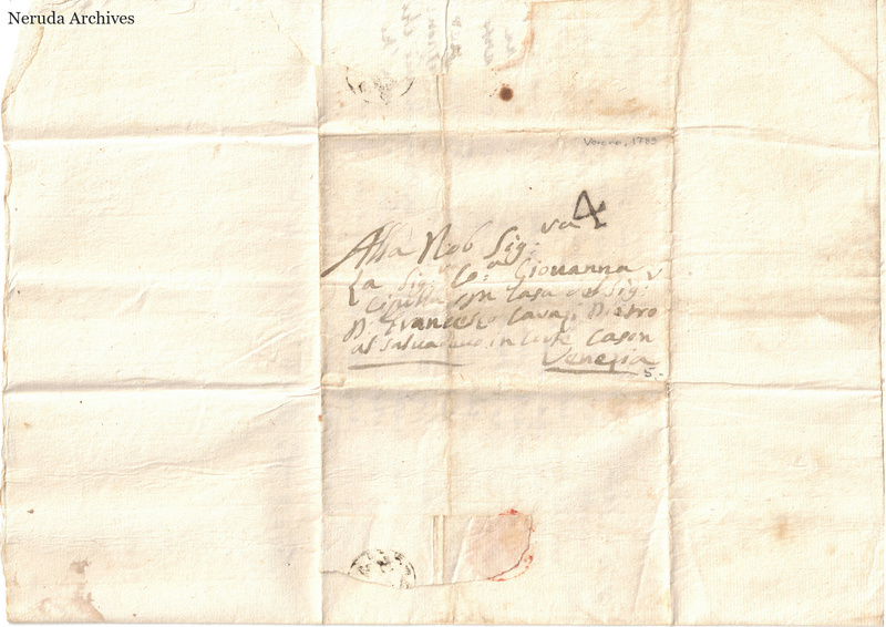 NRA-L-000327 image 1 showing the folded address panel of an Italian letter, with docketing, broad fold lines and a small red seal remnant near the lower edge.