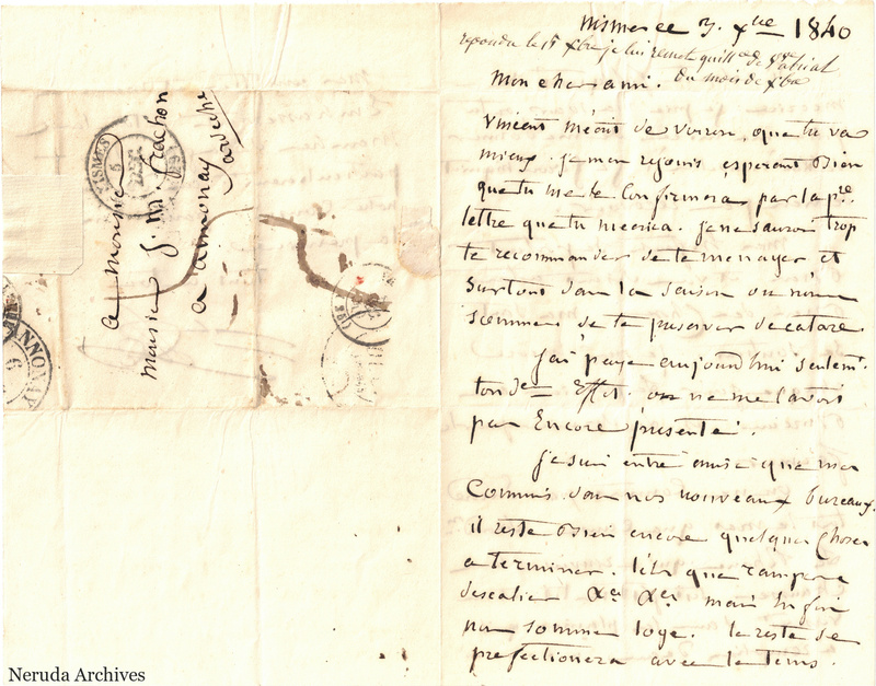 NRA-L-000570 image 1 showing a folded French letter combining manuscript text, address panel, postal marks, seals, folds and retained annotations.