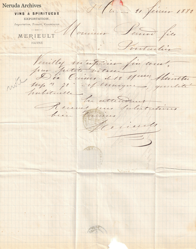 NRA-L-000629 image 1 showing the handwritten letter on Merieult business stationery from Le Havre.