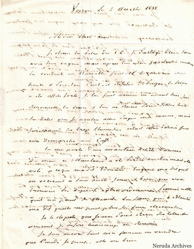 NRA-L-000480 image 2 showing the first handwritten French letter page dated at Voiron in August 1838, with dense text and fold lines.
