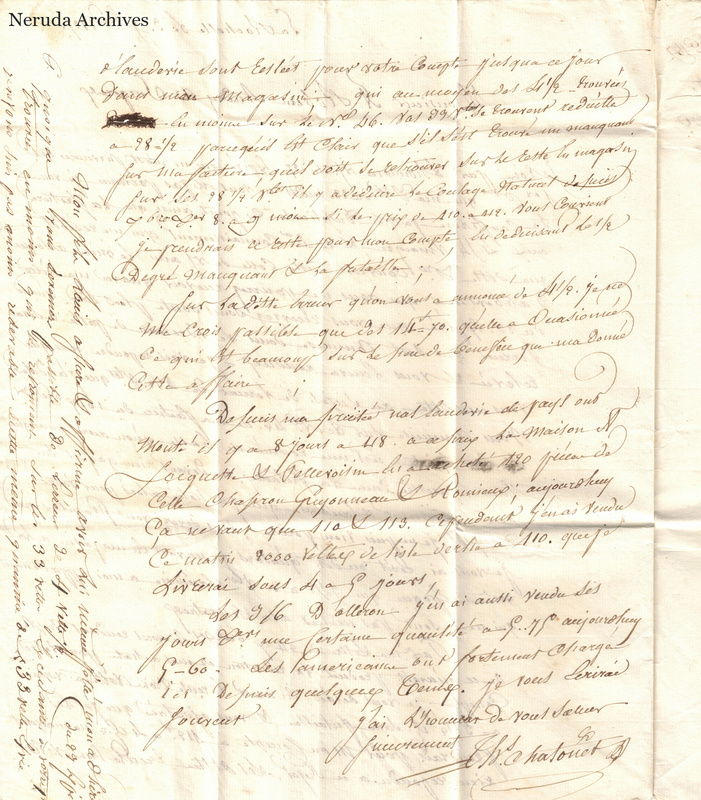 NRA-L-000409 image 3 showing the continuation and closing of a handwritten French letter, with marginal calculations and signatures.