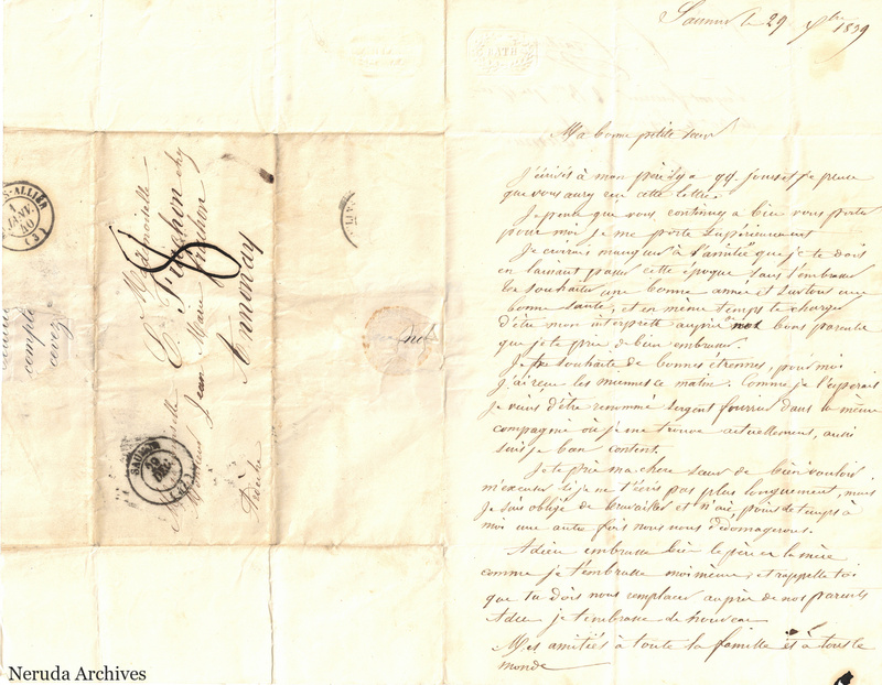 NRA-L-000562 image 1 showing a folded French letter combining manuscript text, address panel, postal marks, seals, folds and retained annotations.