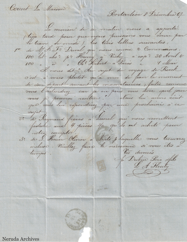 NRA-L-000622 image 1 showing the Pontarlier letter of 8 December 1867 listing three pieces of business correspondence.
