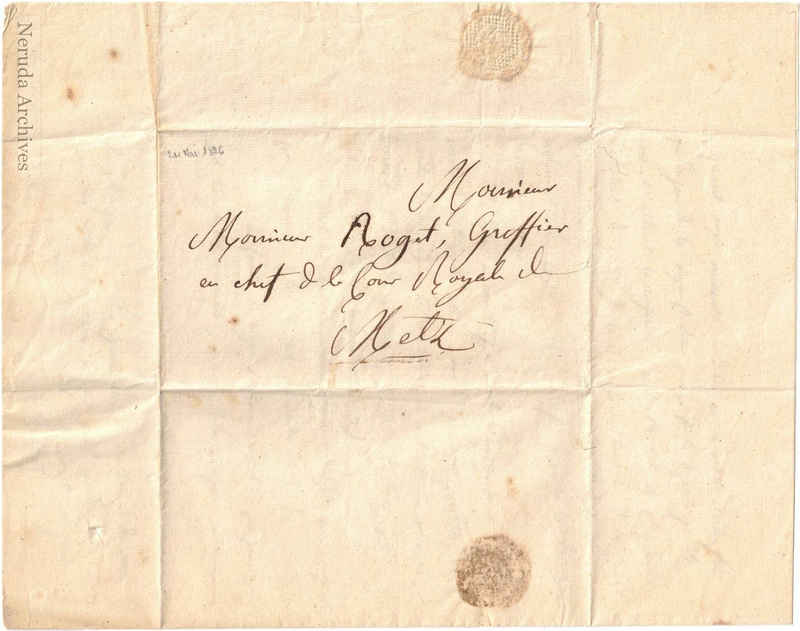 NRA-L-000012 image 1 showing the address panel, postal marks and address-side date for Belot's letter to Monsieur Roget, Chief Clerk of the Royal Court of Metz.