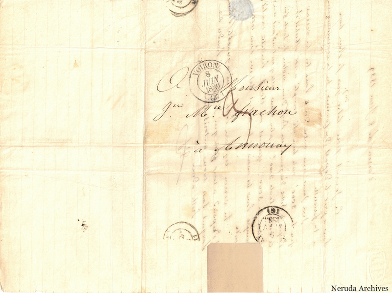 NRA-L-000508 image 1 showing a folded address panel to a Frachon correspondent with postal marks, routing notations and visible folds.