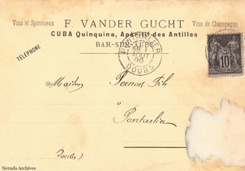 NRA-L-000172 image 1 showing the postcard address panel to Pernod fils in Pontarlier, with postage stamp, postmarks and the sender's business mark.