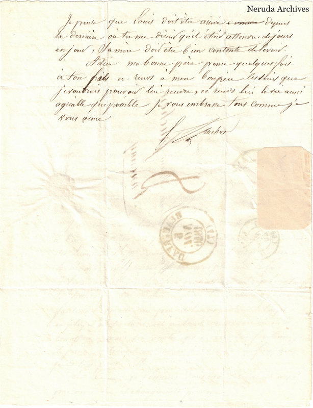 NRA-L-000539 image 4 showing a folded French letter combining manuscript text, address panel, postal marks and retained annotations.