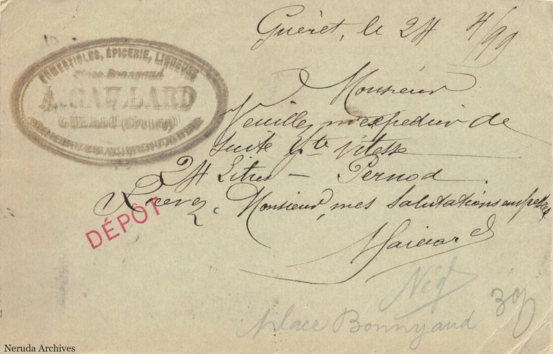 NRA-L-000261 image 2 showing the handwritten message from A. Gaillard to Pernod Fils, with contemporary annotations and the sender's signature or business mark.