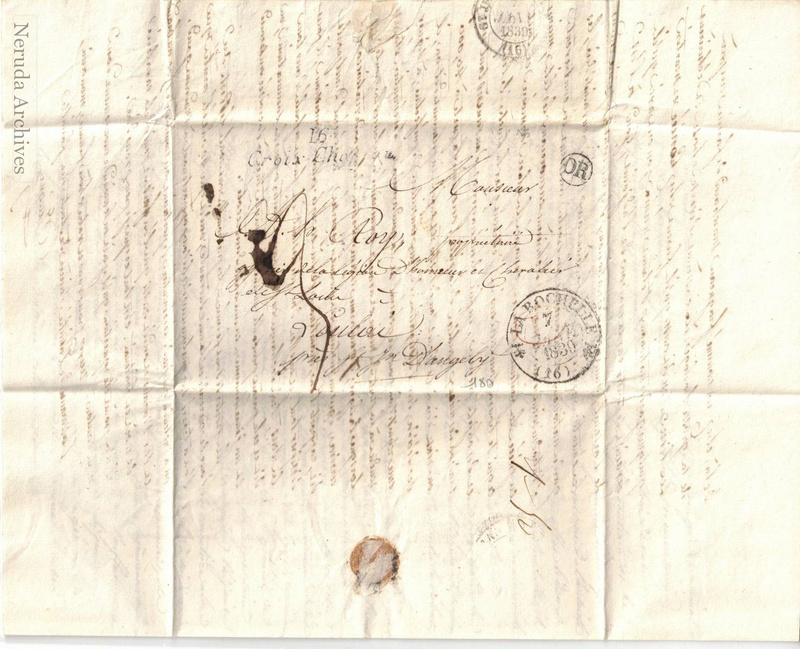 NRA-L-000006 image 1 showing the address panel, exterior postal marks and seal for Guigne's 1839 French letter to Monsieur Le Roy.