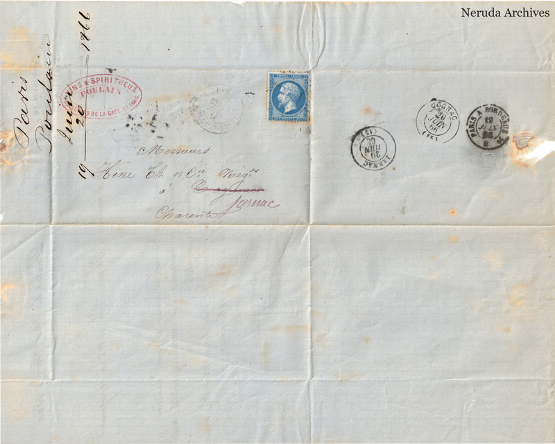 NRA-L-000448 image 1 showing the folded manuscript address panel on blue paper, with the written delivery address, postal markings and closure evidence.
