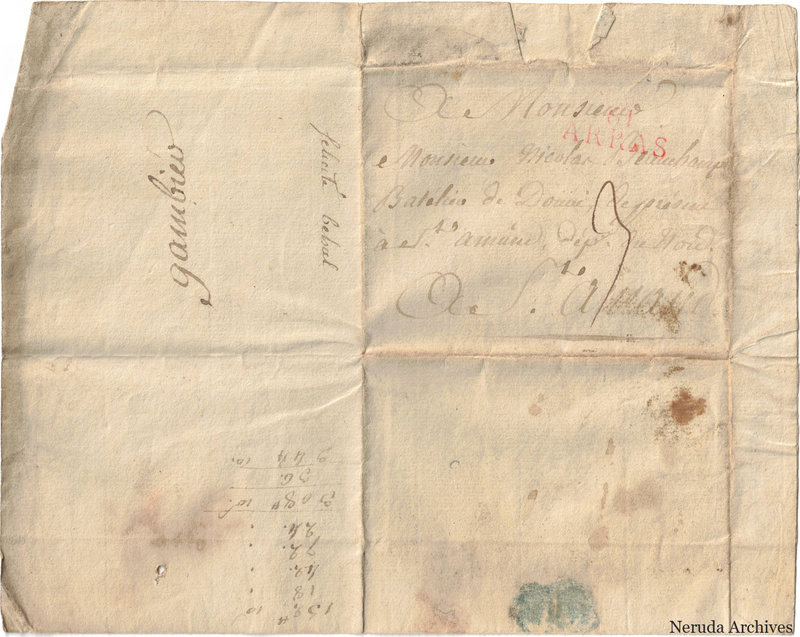 NRA-L-000041 image 1 showing address to Nicolas Deschamps at Saint-Amand, with Arras postal evidence, rotated names and calculations.