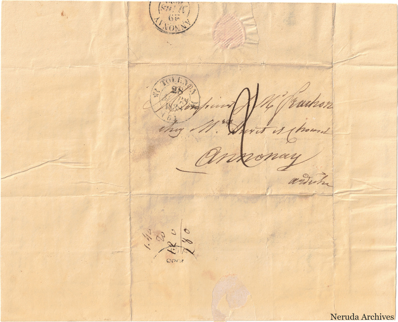 NRA-L-000525 image 1 showing a folded address panel to a Frachon correspondent with postal marks, routing notes, seals and visible folds.