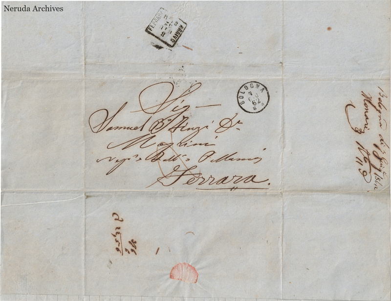 NRA-L-000758 image 1 showing the address to Samuel B° Finzi D° Magrini at Ferrara, postal marks and filing notes.