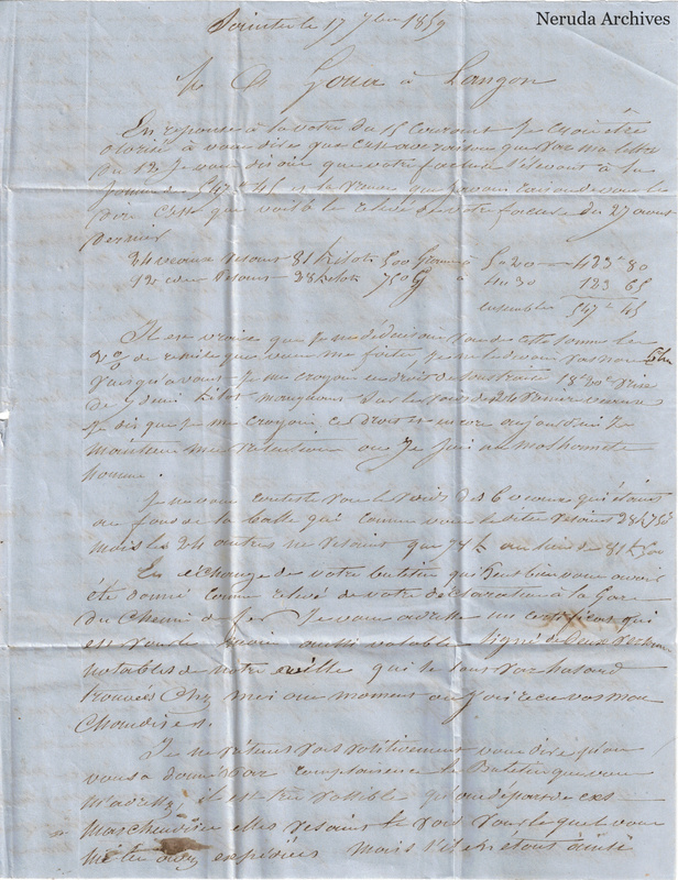 NRA-L-000043 image 2 showing page 1 of Calle's commercial letter from Saintes, dated 17 September 1859.